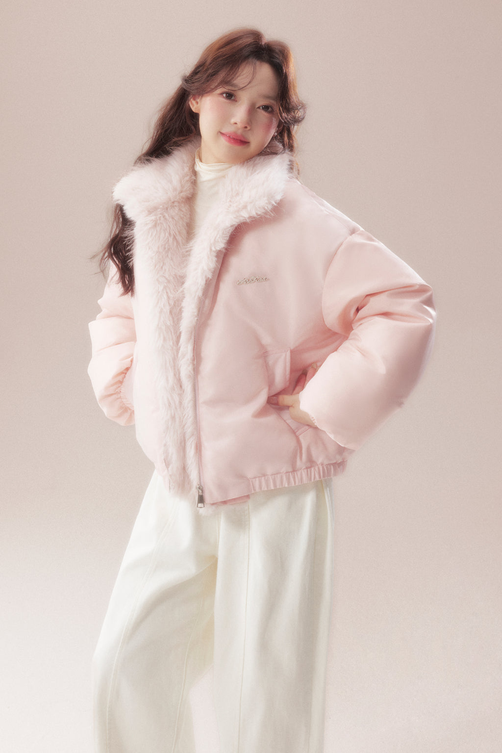 AOORAA 【Winter New Arrival】Original Design Patchwork Fleece Jacket "Cherry Blossom Snow"