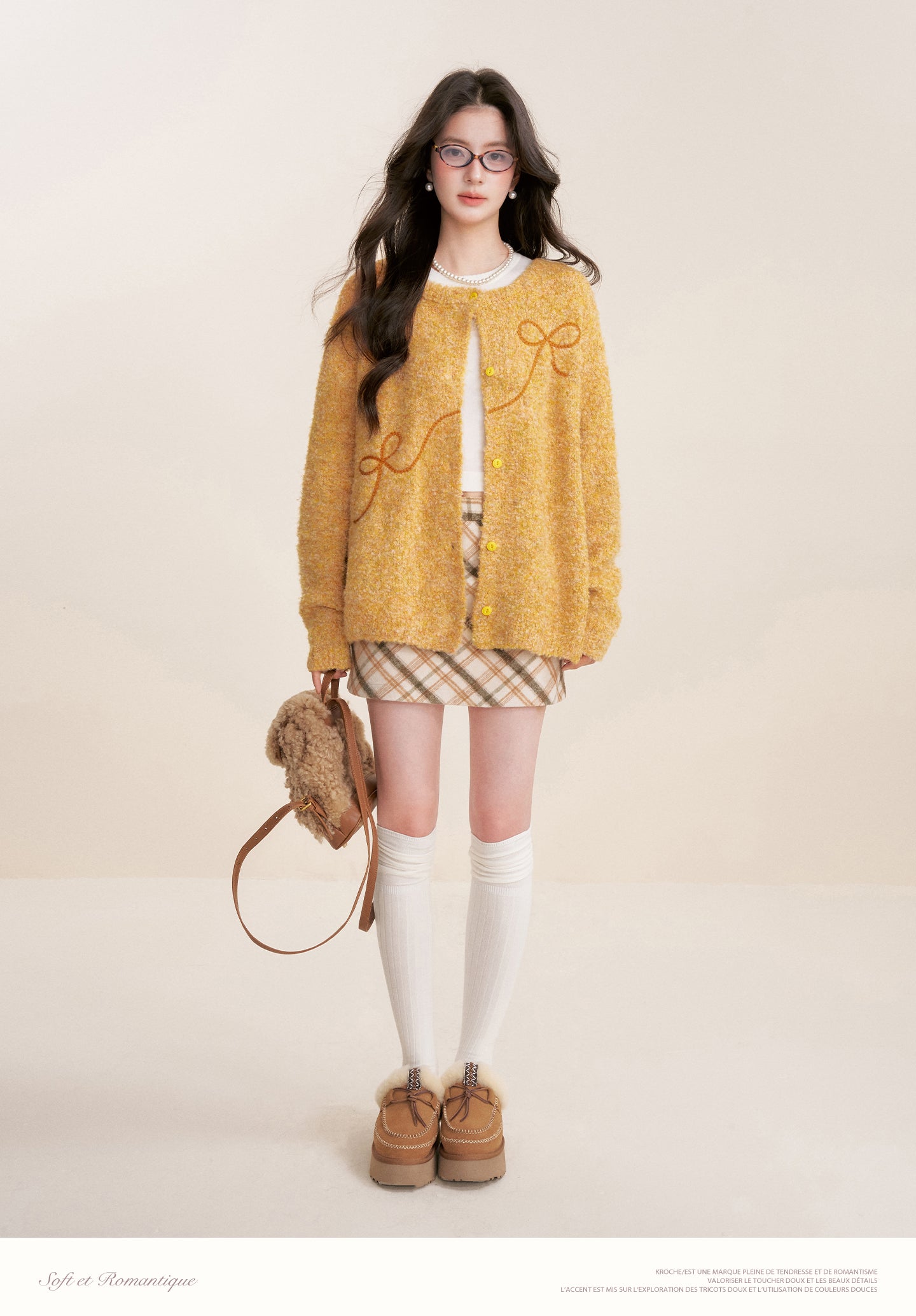 KROCHE Sunset Fluffy 25aw Thick Floral Bow Embroidered Cardigan