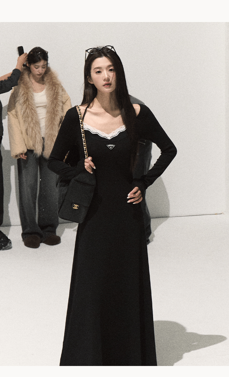 OAKMOO Black Two-piece Long Sleeve Faux Lace Halter Neck Waist Tie Dress, Autumn/Winter Long Dress with Waist Tie