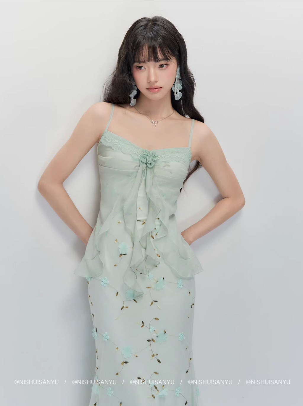 NSSY NSSY two-piece long dress with three drowned fish pattern, green, chiffon material, 3D floral pattern