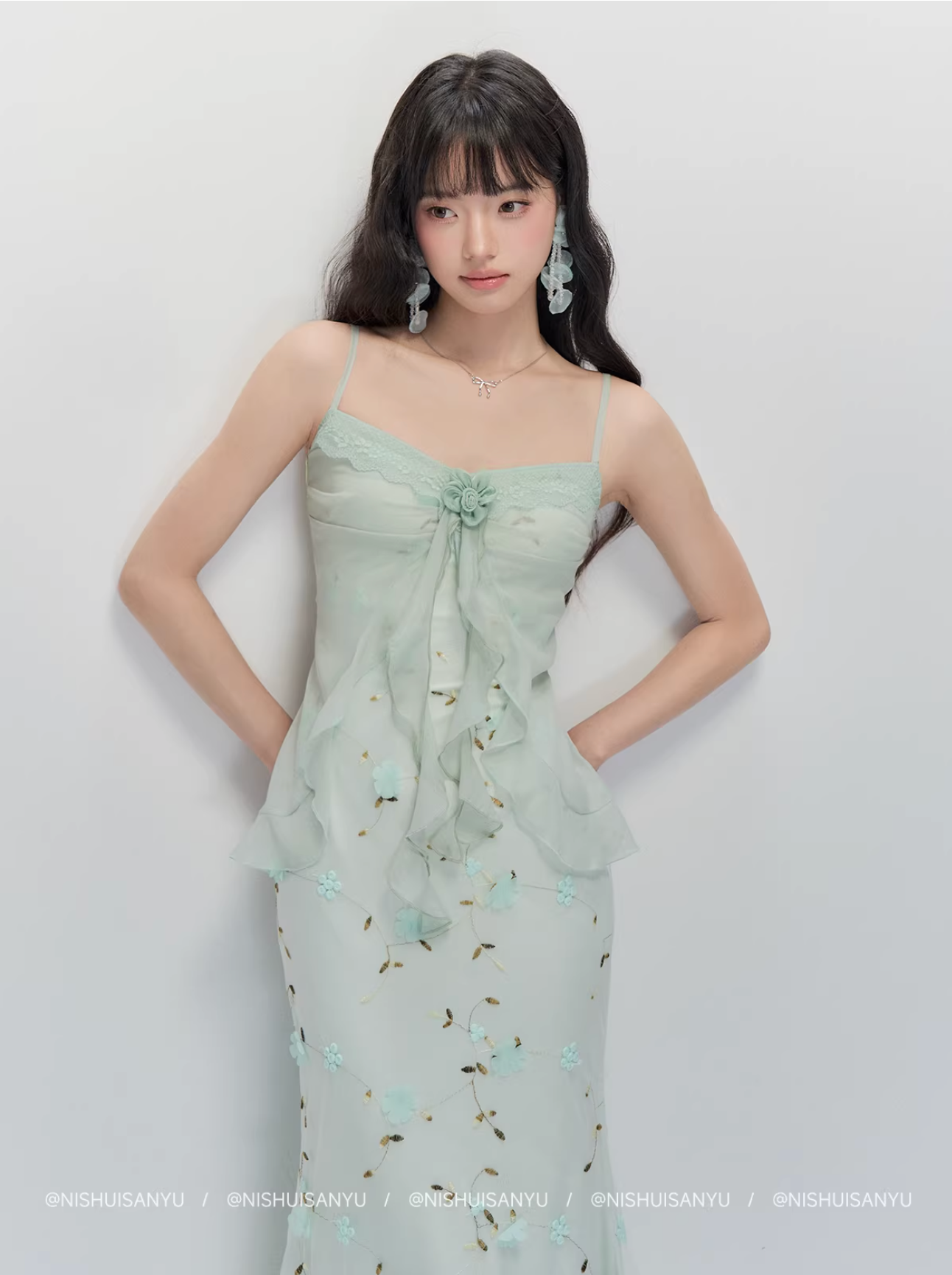NSSY NSSY two-piece long dress with three drowned fish pattern, green, chiffon material, 3D floral pattern