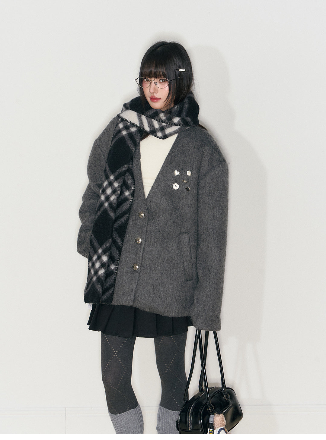 NANGOON Women's unique design loose fitting winter gray wool coat, versatile