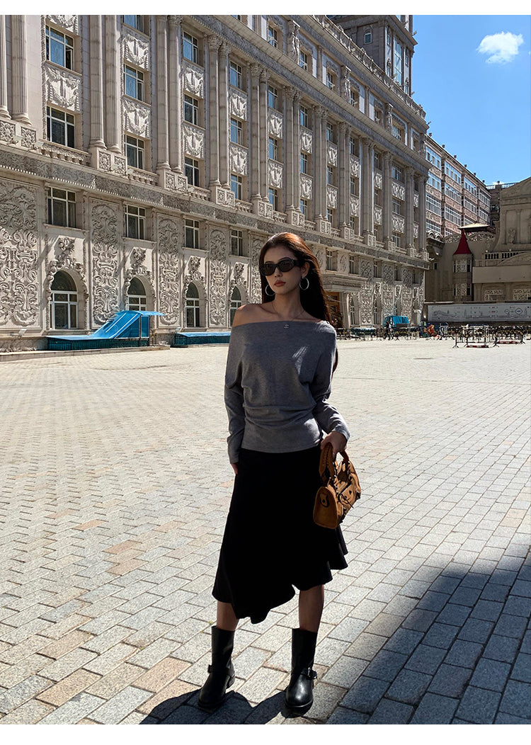 Pusumede one shoulder long sleeve sweater original color temperament female design cross shoulder t-shirt