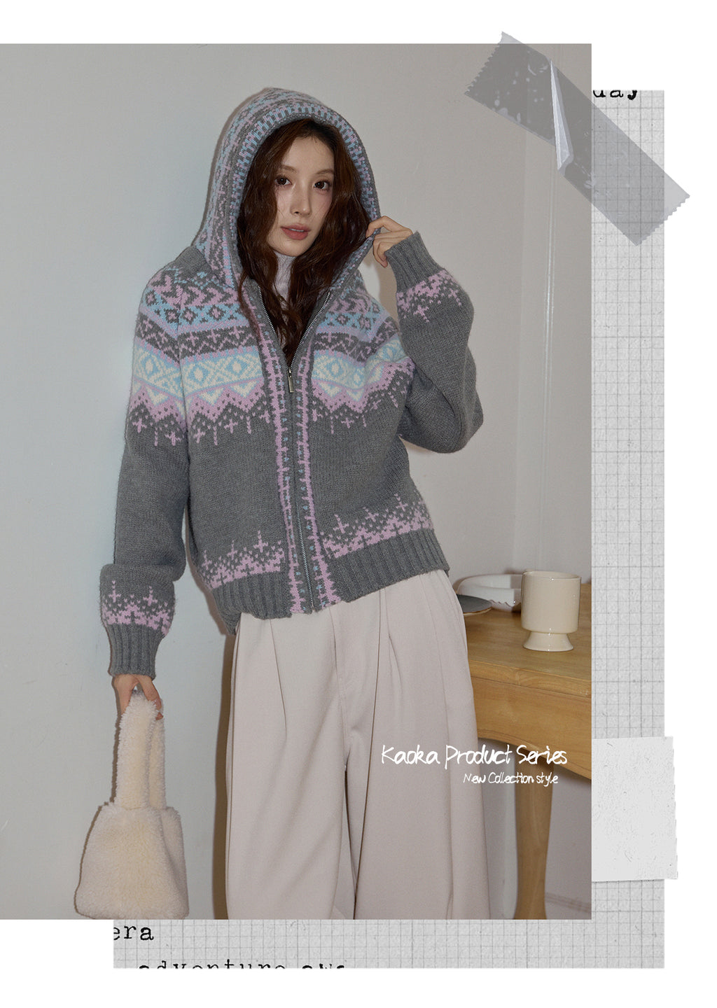 KAOKA Chaochao Fair Isle Beige Christmas Hooded Sweater Women's Long Sleeve Thick Sweater