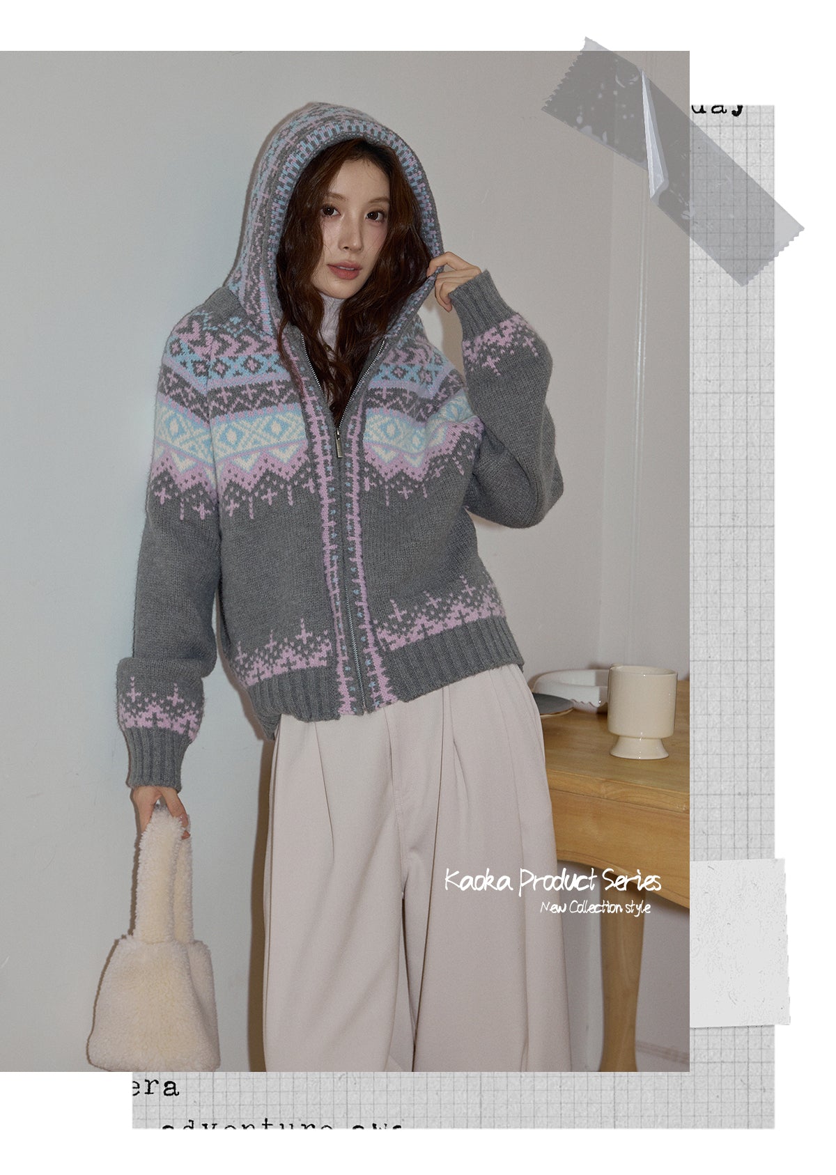 KAOKA Chaochao Fair Isle Beige Christmas Hooded Sweater Women's Long Sleeve Thick Sweater