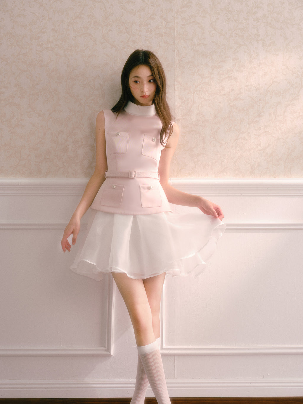 Pink satin dress with faux pearl mini turtleneck two-piece with puffy skirt and belt Recit