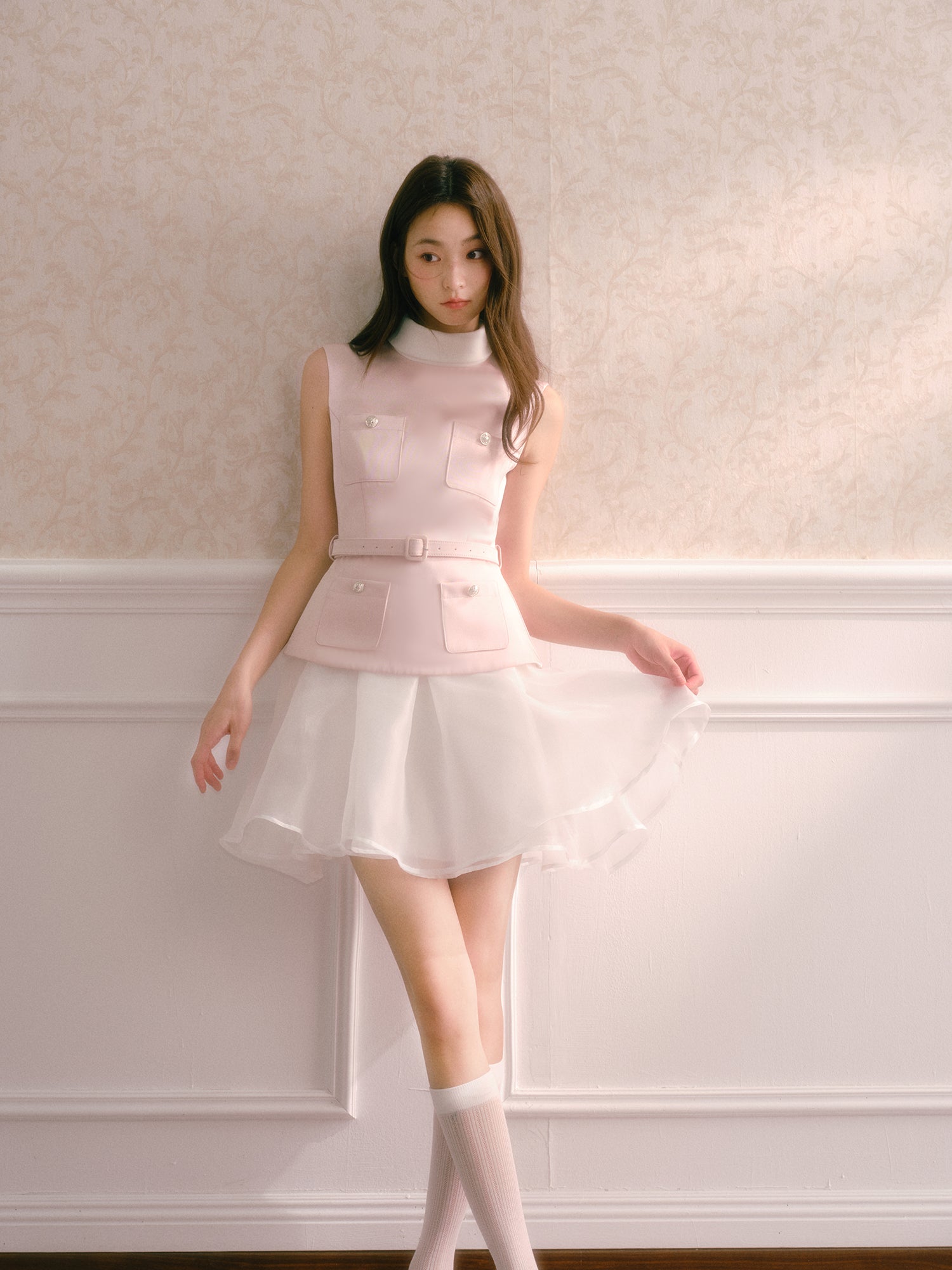 Pink satin dress with faux pearl mini turtleneck two-piece with puffy skirt and belt Recit