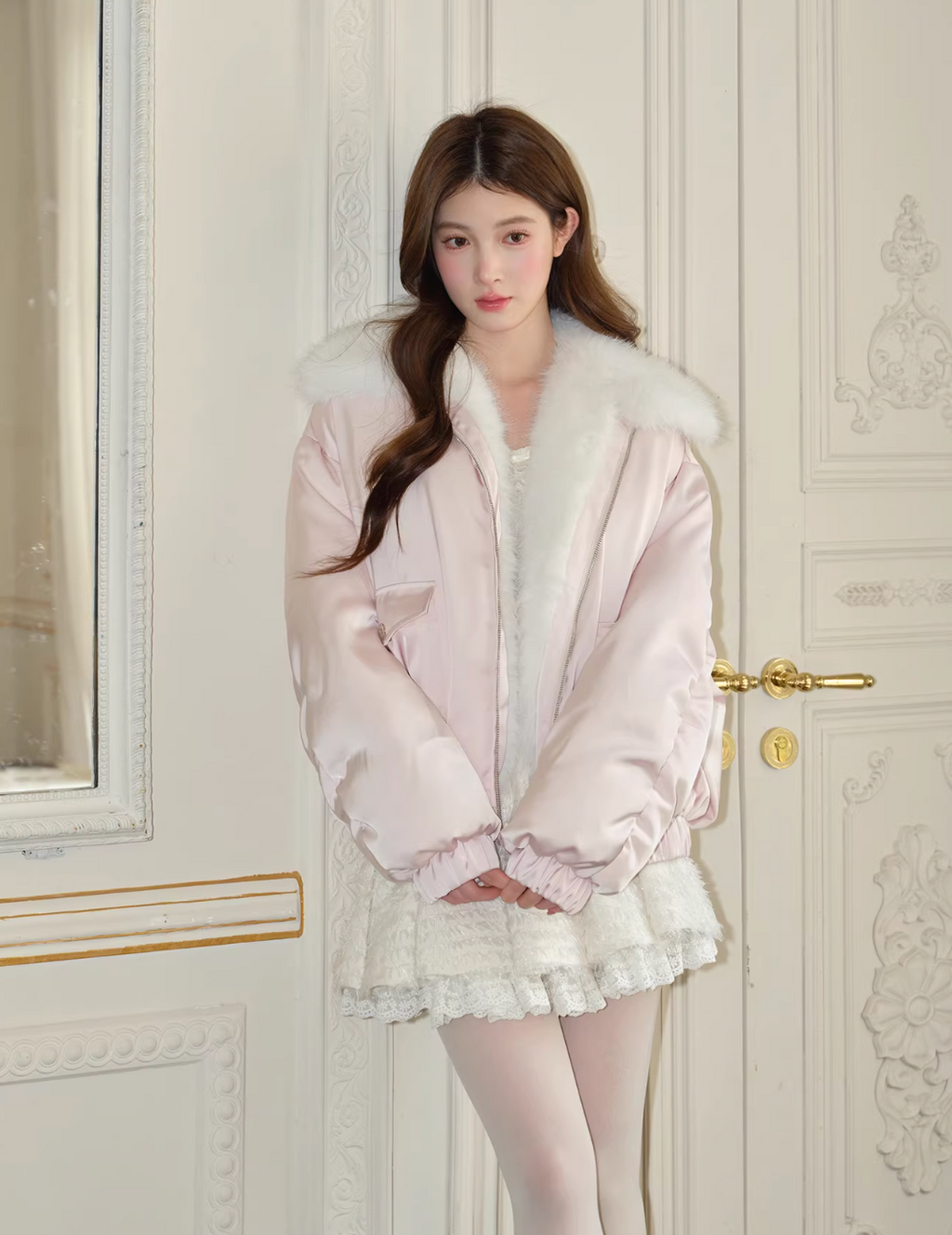 RECIT RECIT puffer jacket in sleek light pink mixed with satin with fur trim - Spacious, comfortable design for feminine winter