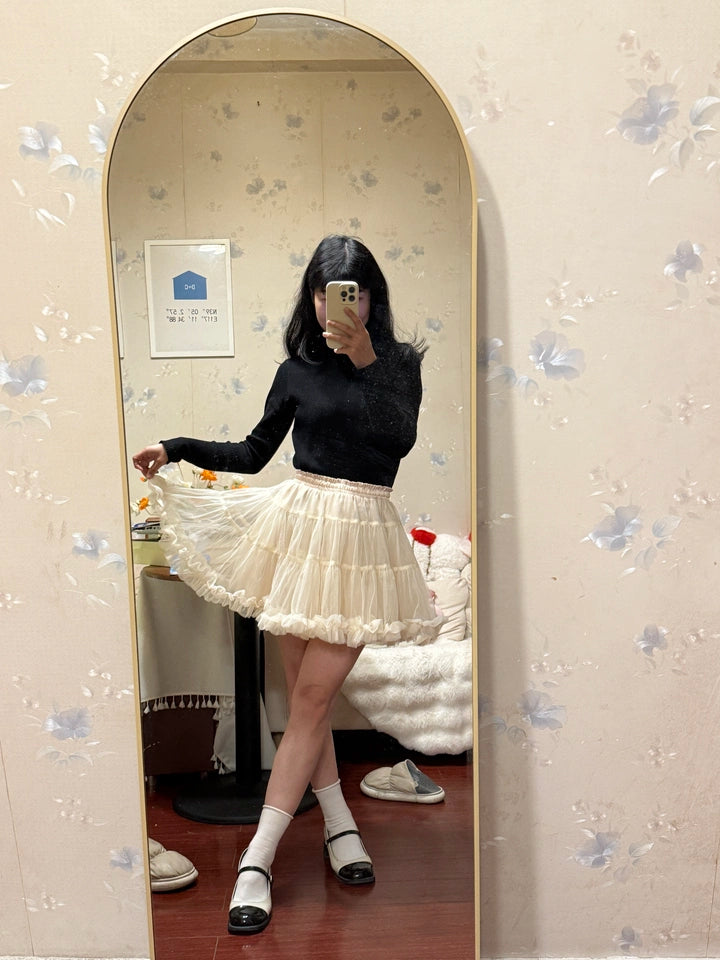 A-line dress, half dress, ruffled tulle mesh dress, fall winter AVENEMENT