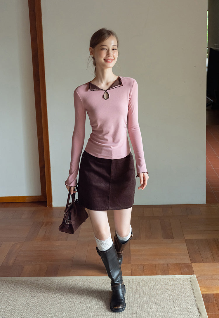 EGGKA Women's long-sleeved V-neck T-shirt with colored trim, new autumn design, slim fit, elegant waistline (sale)