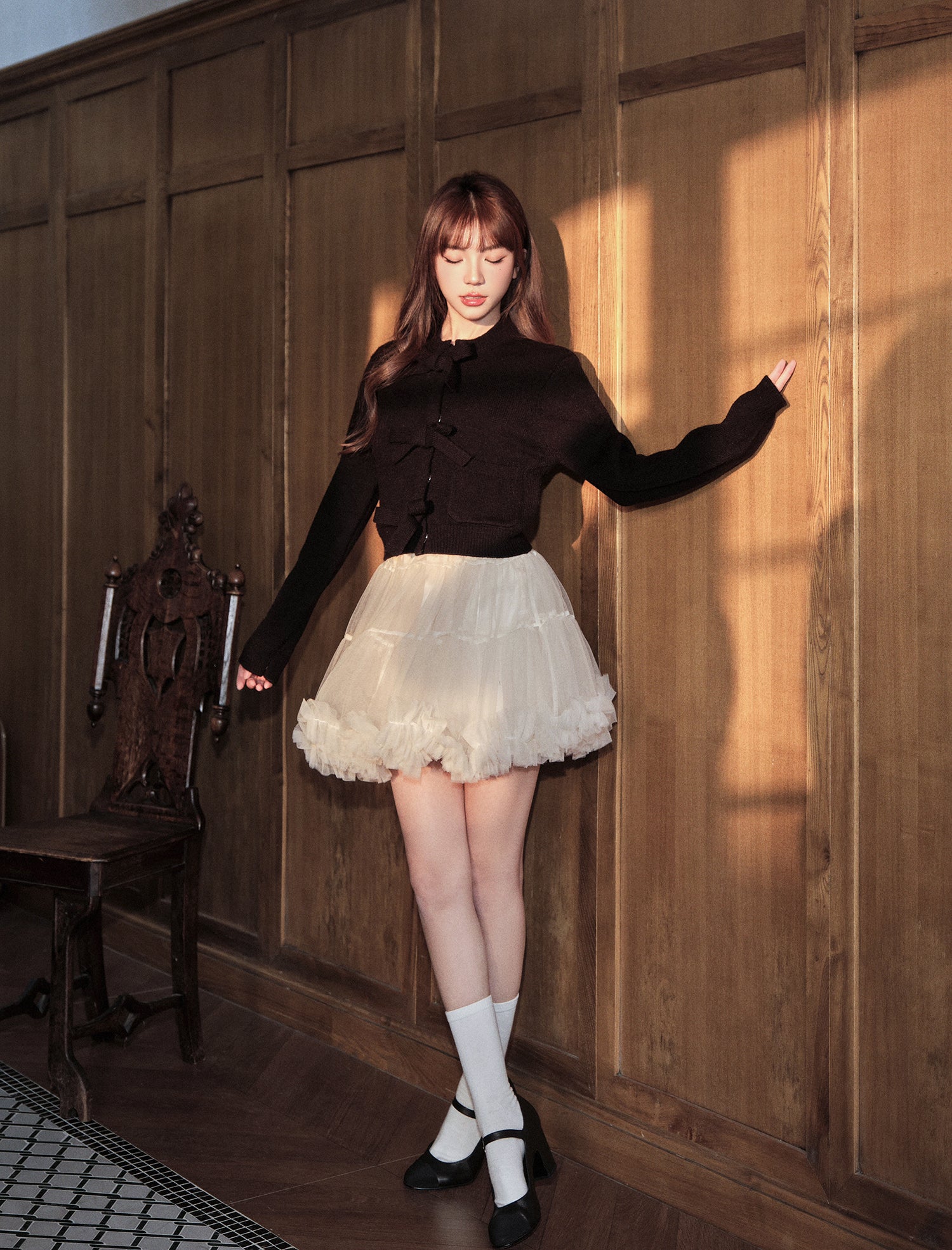 A-line dress, half dress, ruffled tulle mesh dress, fall winter AVENEMENT