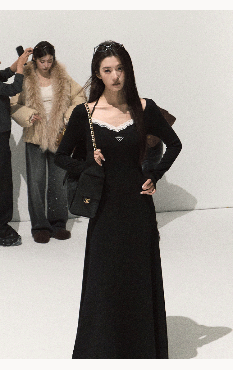 OAKMOO Black Two-piece Long Sleeve Faux Lace Halter Neck Waist Tie Dress, Autumn/Winter Long Dress with Waist Tie