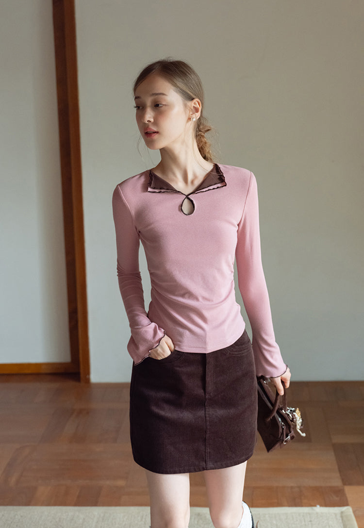 EGGKA Women's long-sleeved V-neck T-shirt with colored trim, new autumn design, slim fit, elegant waistline (sale)