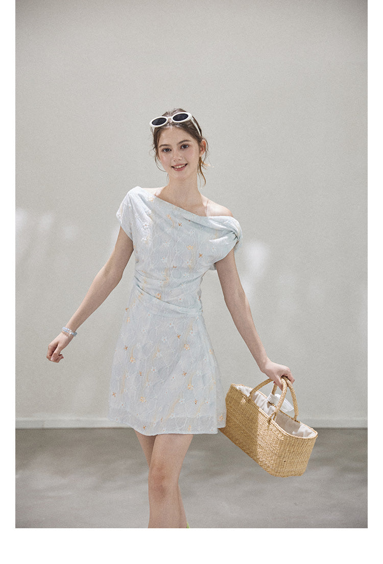 "Star Mist Hazy" Off-shoulder pleated floral print mini dress for women, summer Callmelater