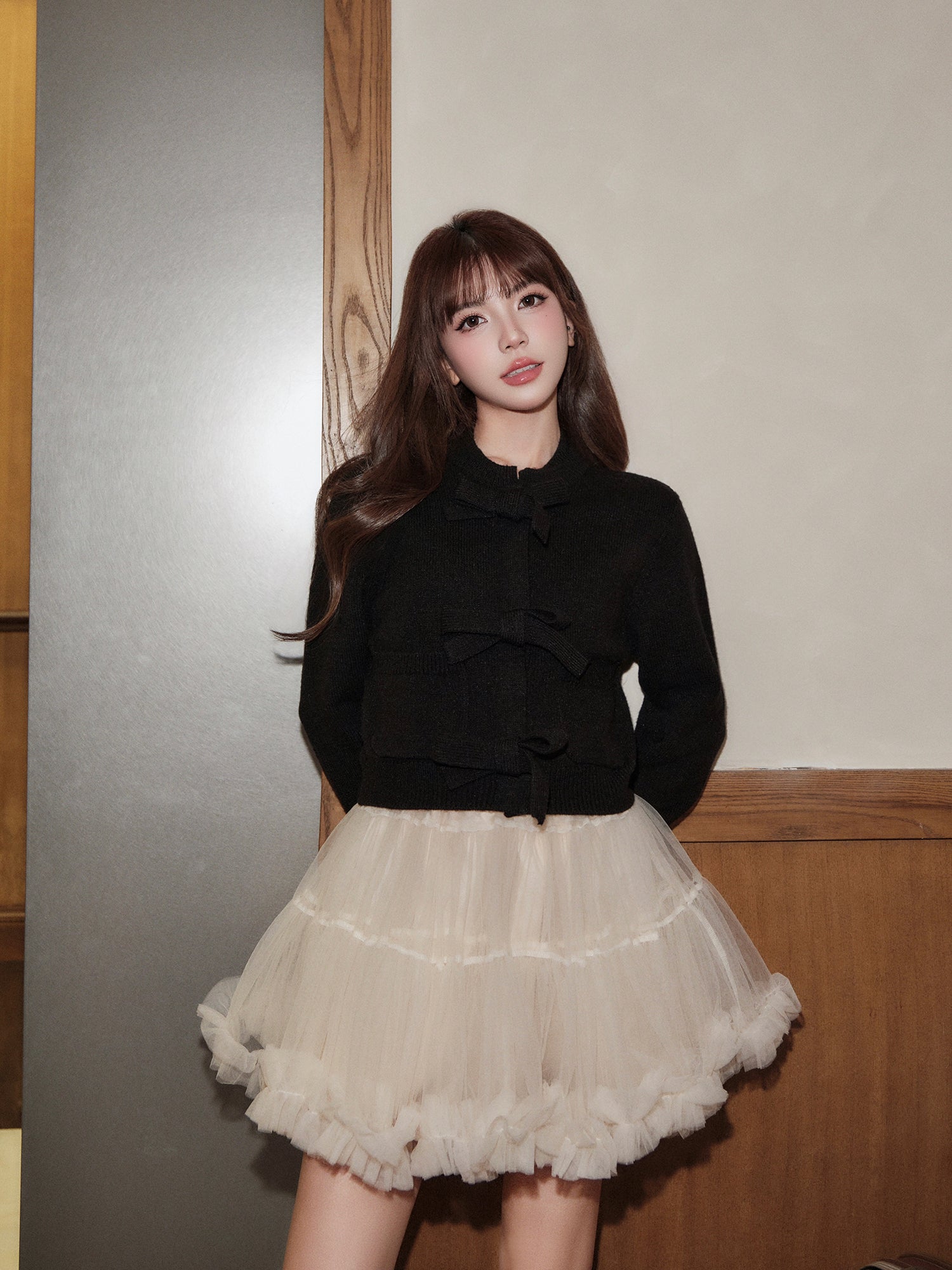 Avenement warm high quality Korean style long sleeve bow tie cardigan for women