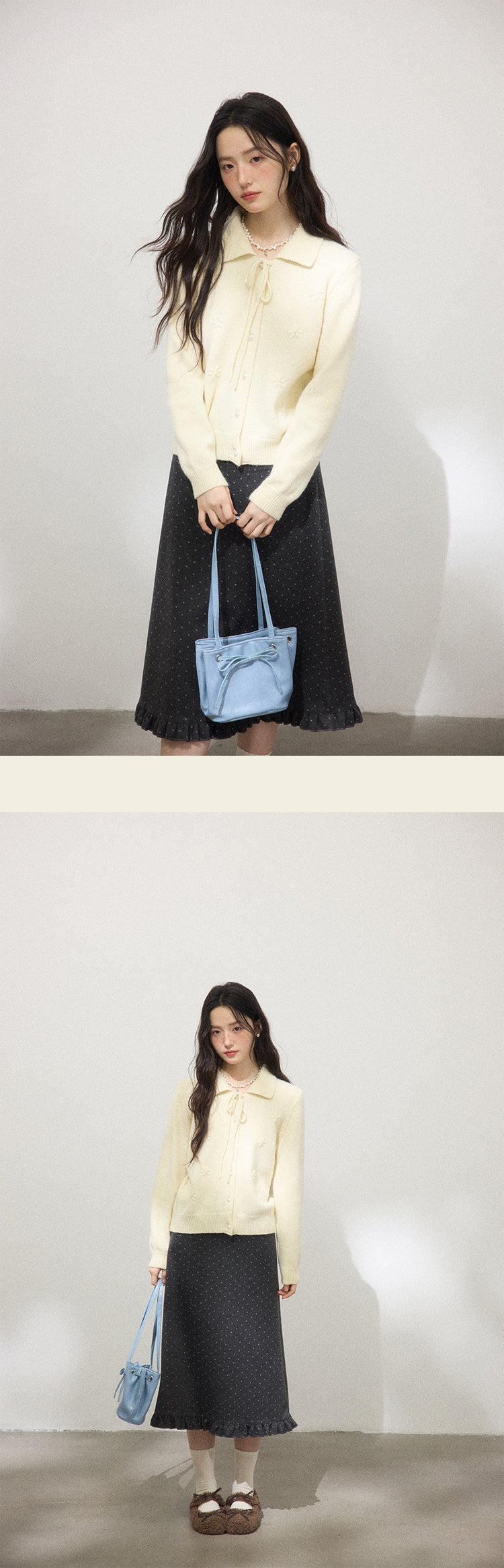 ORWHITE Women's winter knitted wool coat with bow decoration French collar