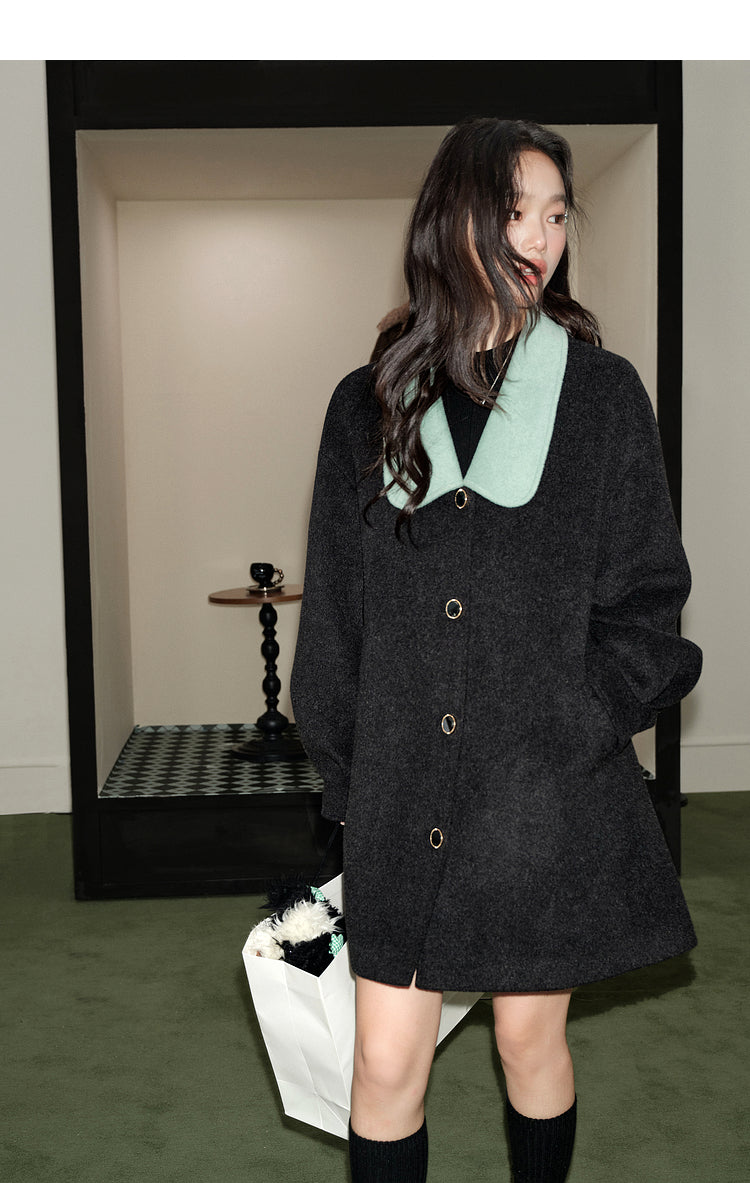 KOUSE Women's 2025 New Autumn Winter Classic Medium-Long Woolen Coat Black and Gray