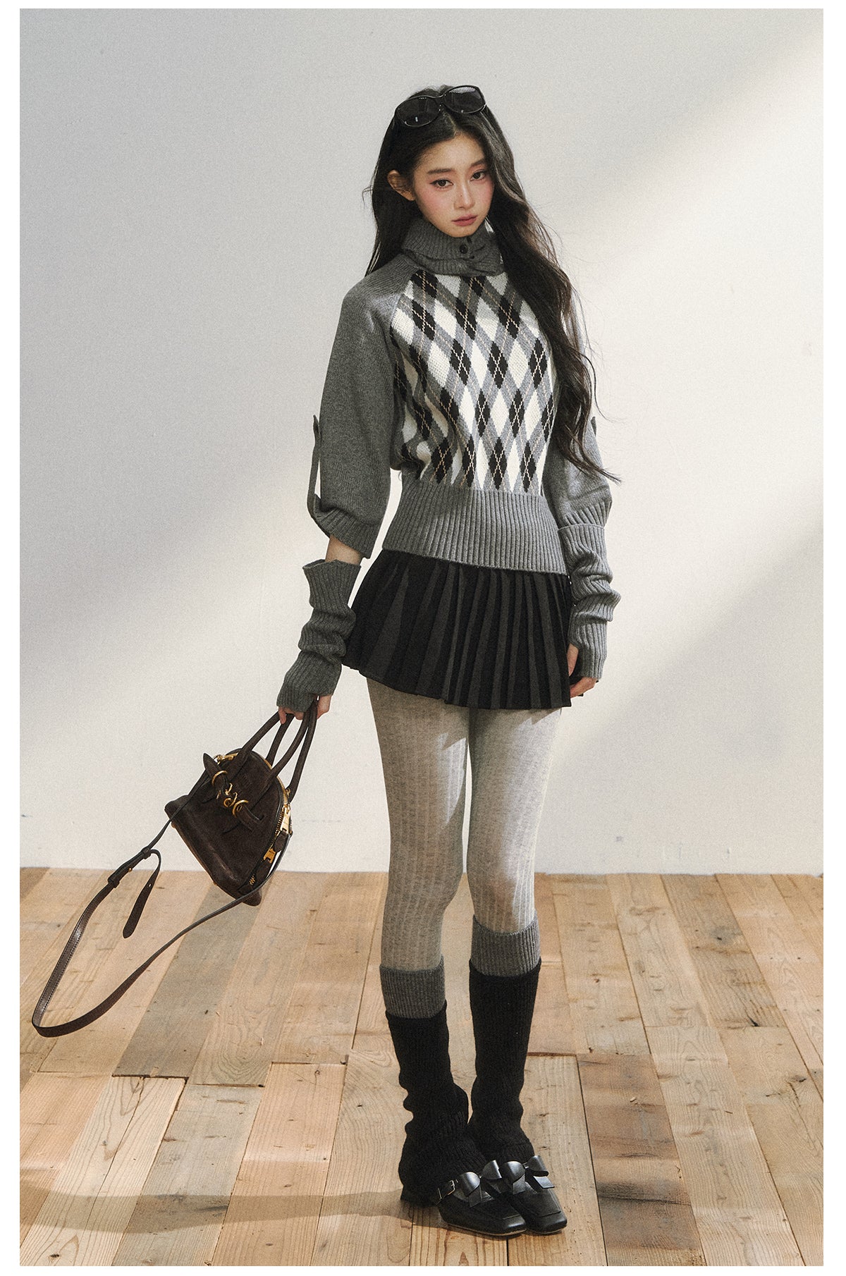 7SHIFTIN Original Design classic diamond pattern half-sleeved knit sweater, student style, slim fit