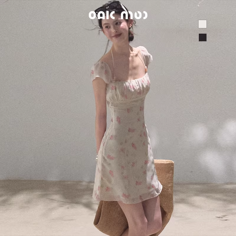 OAKMOO beaded halter-neck dress, fitted waist, unique floral print "My Own Moon"