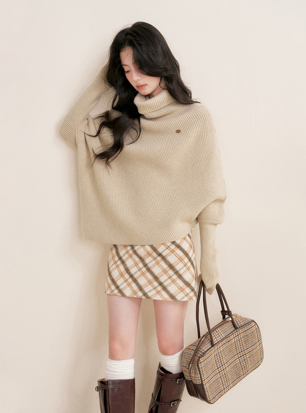 KROCHE Retro Butter Cookie Plaid A-line Wool Short Skirt 25aw