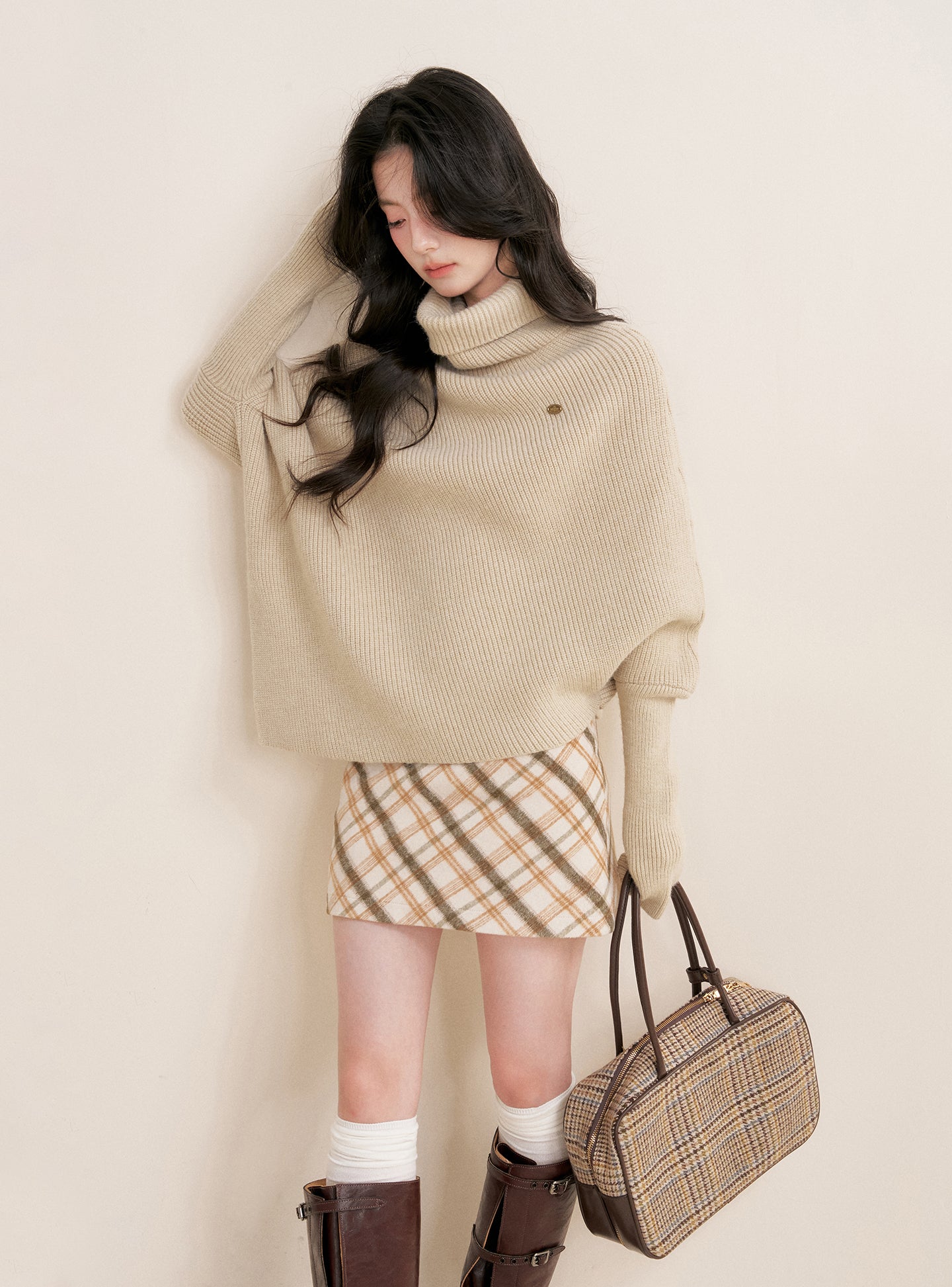 KROCHE Retro Butter Cookie Plaid A-line Wool Short Skirt 25aw