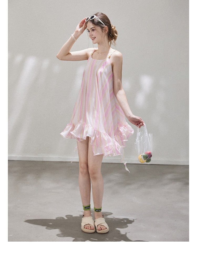 "Liuli Tangyu" Short, ruffled pinafore dress in a resort style, featuring a neon ombre Callmelater design.