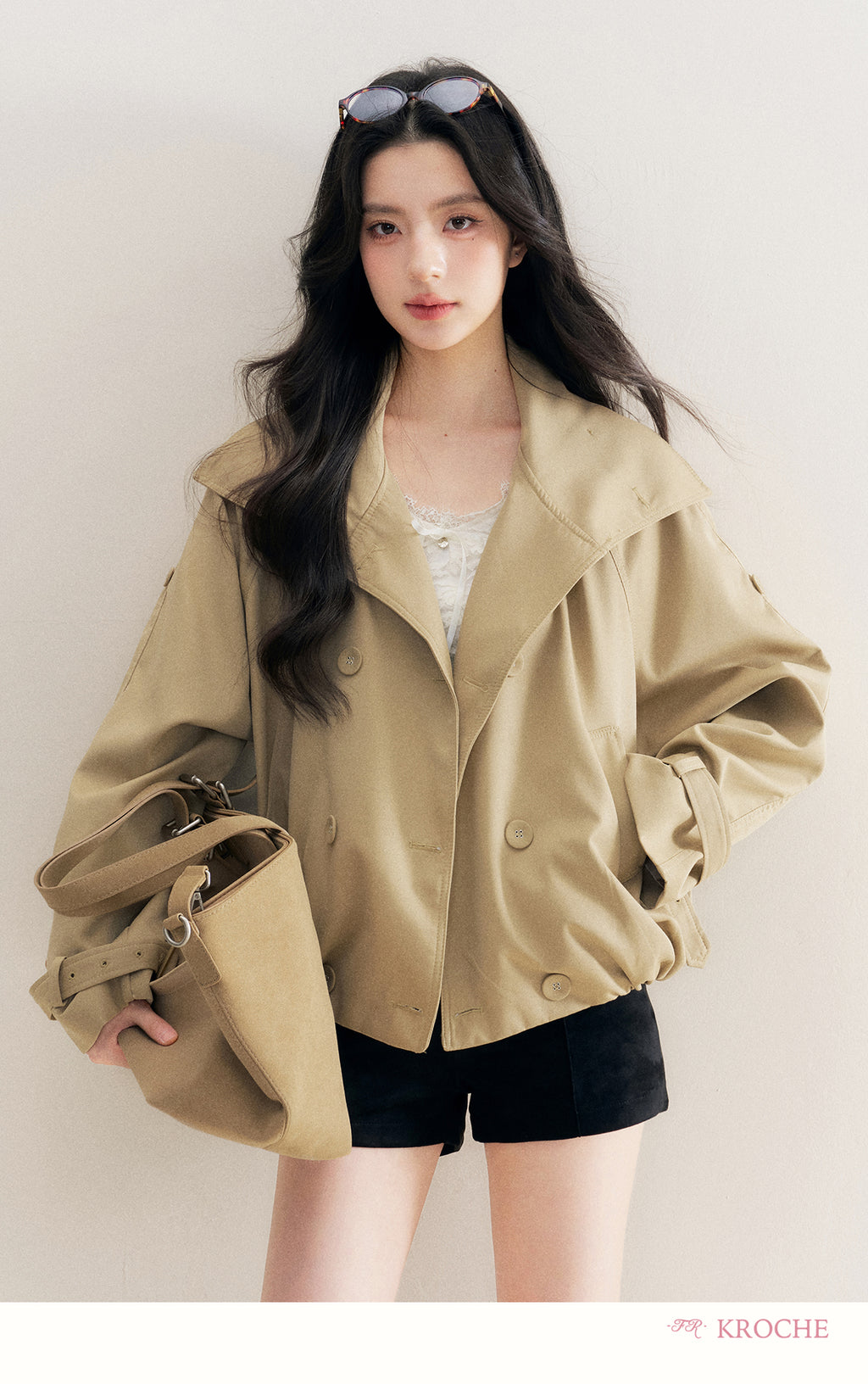 KROCHE Loose-fitting short trench coat, large lapels, double-breasted, loose-fitting, comfortable