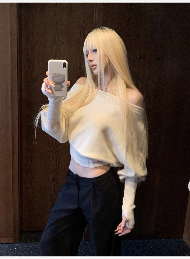 Rase le sol autumn crop top off shoulder sweater