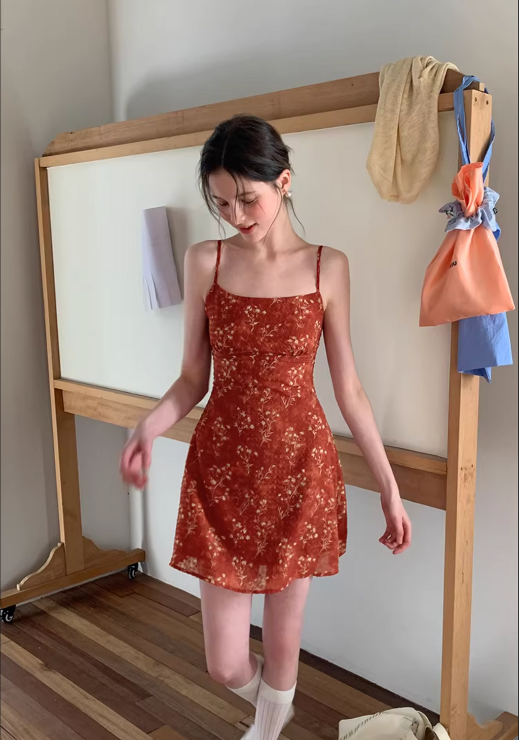 EGGKA Red French maxi dress with floral print, patterned woven fabric, A-line shape helps slim the figure