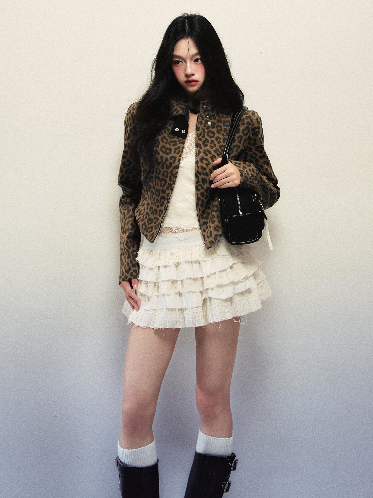 New autumn women's short-sleeved leopard print motorcycle style stand-collar jacket with slim waist 1P STUDIO