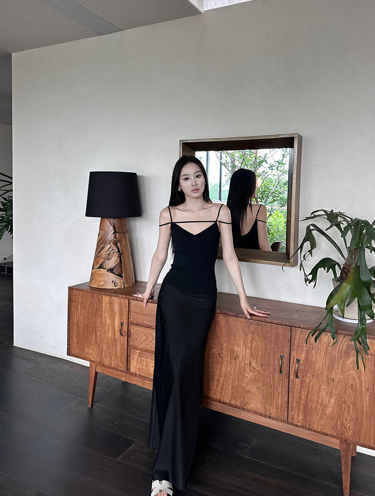 5werkwen high-waisted, versatile, figure-hugging, sexy long satin acetate dress.