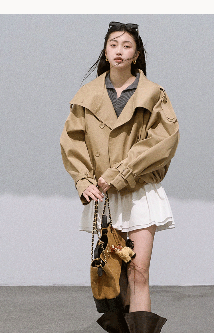 Oakmoo "Through the Oak Woods" Short Double-Breasted Lyocell Cotton Stand Collar Trench Coat