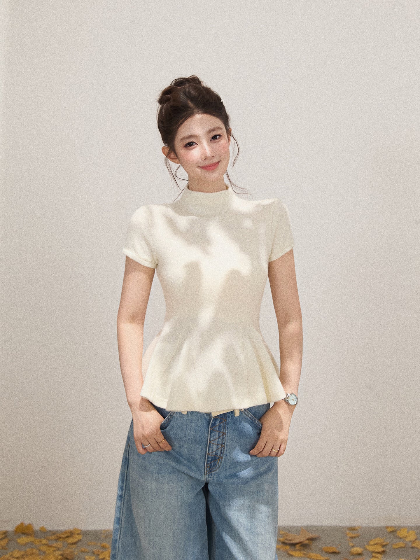 THEROUS Xie Burou Women's Elegant Pleated High Neck Short Sleeve Knit T-shirt Solid Color Casual Slim Waist Early Autumn Fashion (Sale)