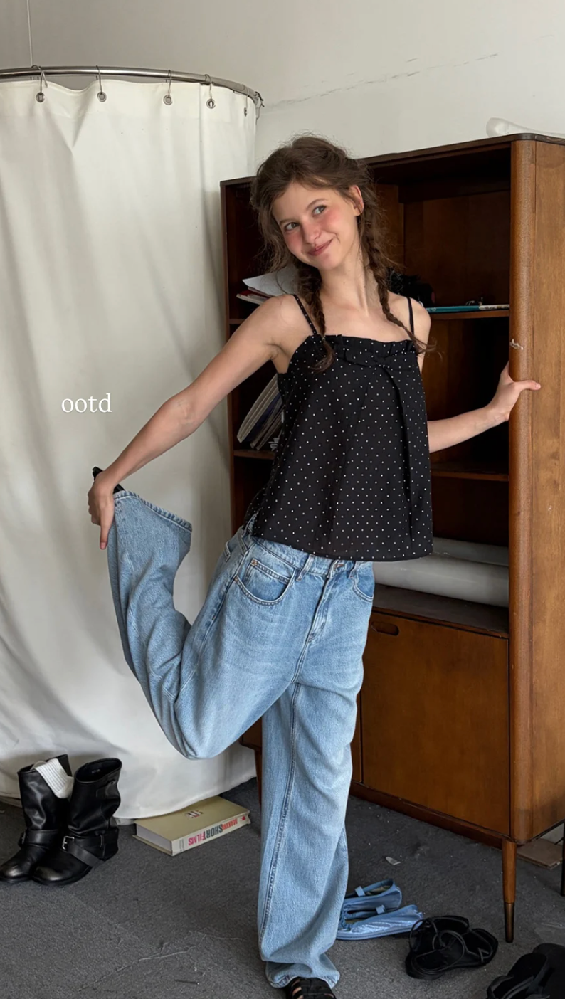 LETM Women's retro tank top, bow design, polka dot color scheme, size adjustable.