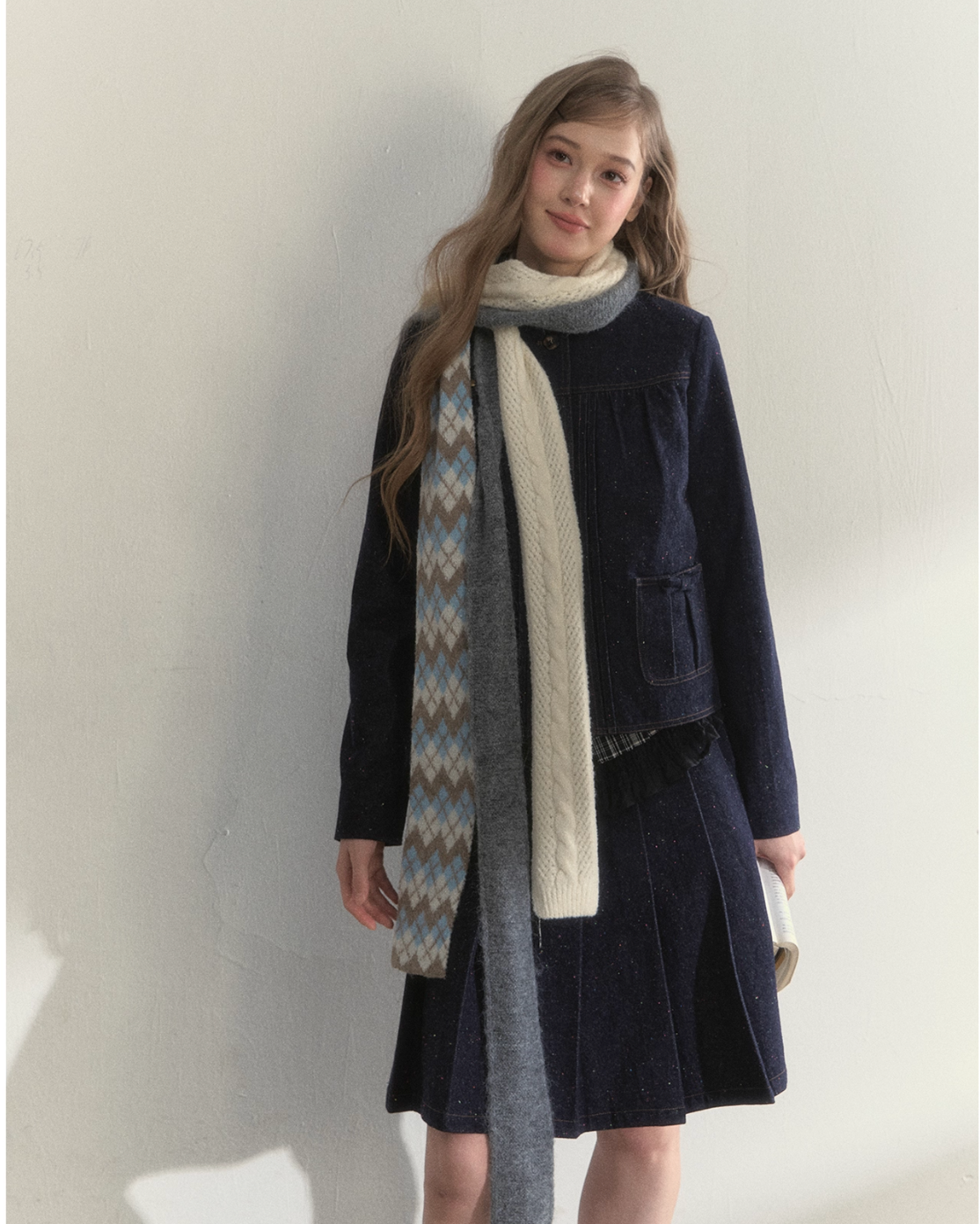SUNSETPARK trendy retro knitted long scarf with autumn/winter ribbons.