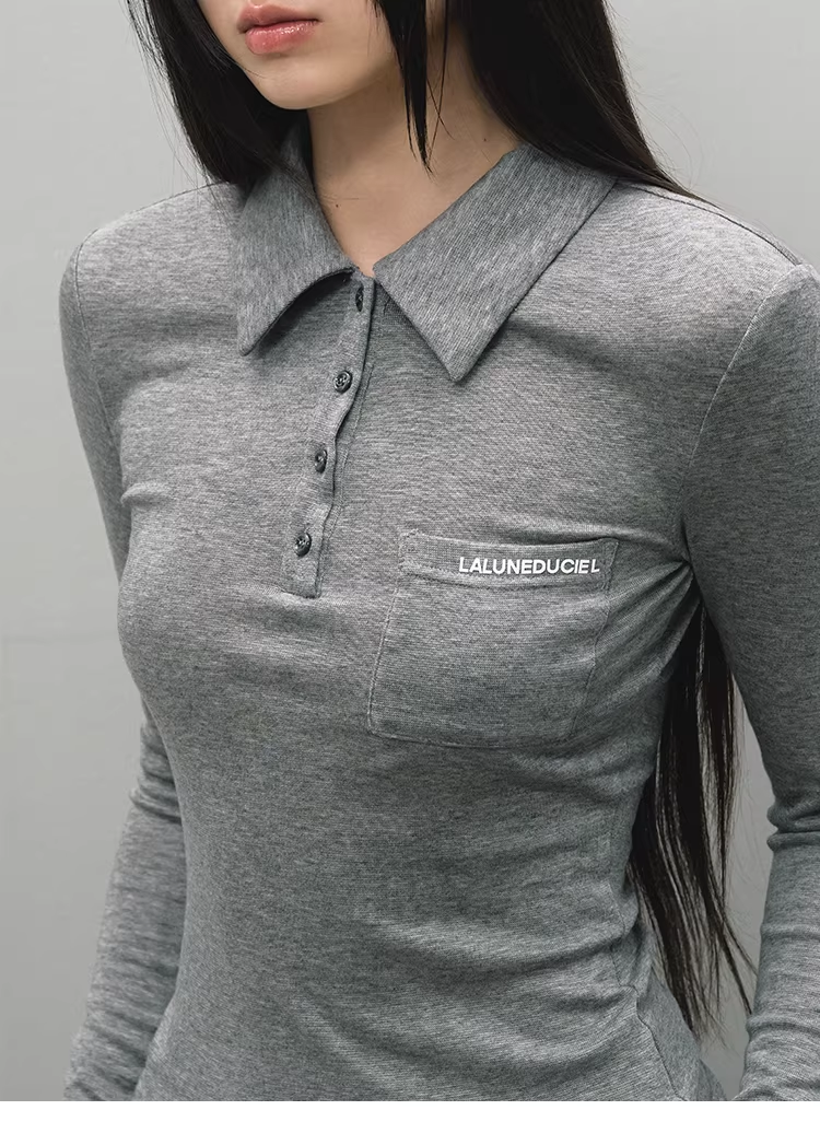 LaluneDuCiel women's plain polo shirt, casual style, elegant, simple, slim fit, long sleeves, suitable for early autumn.