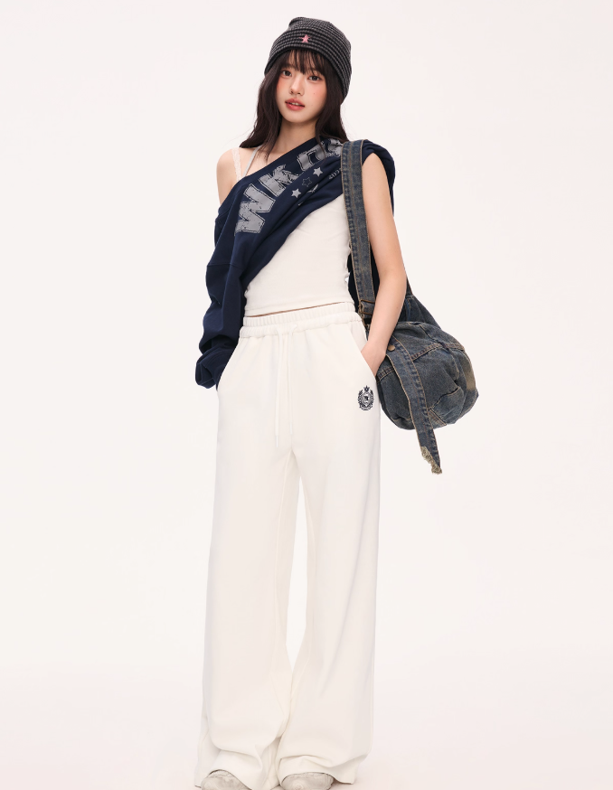 Quần dài thêu chữ thường ngày cho nữ của WEEKENDHUB Weekendhub, kiểu dáng mới 2025, dáng rộng, phong cách boyfriend, kiểu dáng lười biếng, quần dài