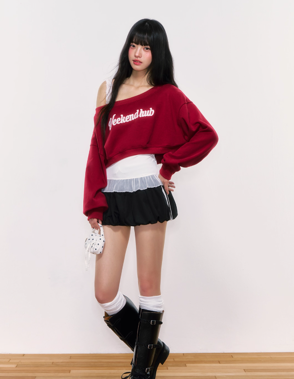 WEEKENDHUB Weekendhub new autumn style off shoulder sweatshirt two piece set for women, 2025 chic korean style blouse for petite people