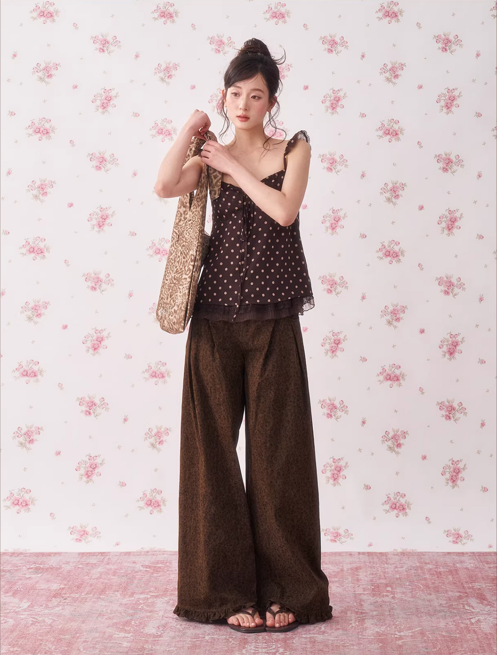 CHAOSCHAO Soft, sexy silk summer blouse with leopard print and polka dots, puff sleeves, retro resort style by