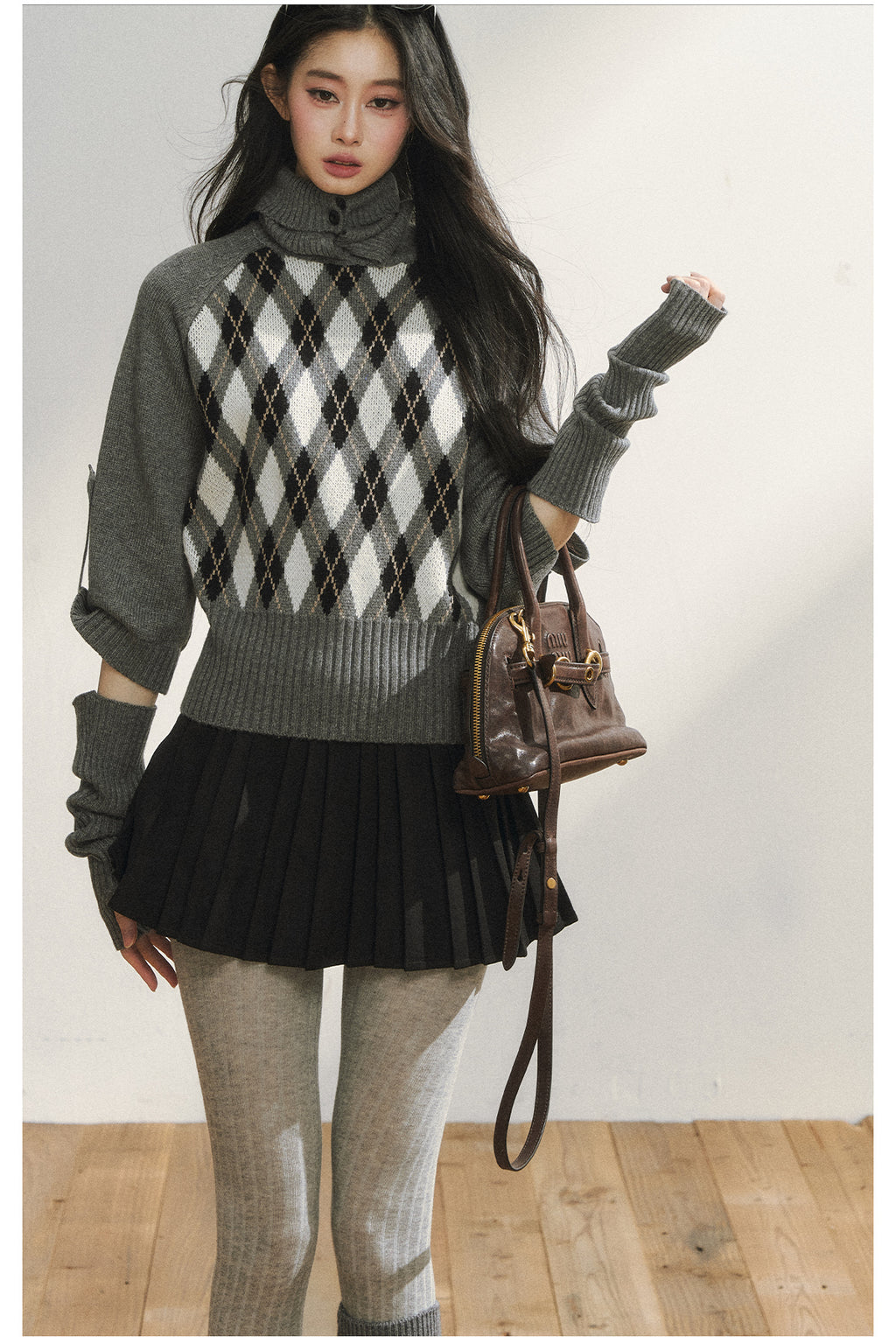 7SHIFTIN Original Design classic diamond pattern half-sleeved knit sweater, student style, slim fit