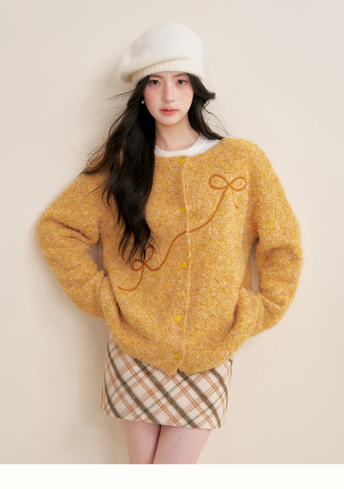 KROCHE Sunset Fluffy 25aw Thick Floral Bow Embroidered Cardigan