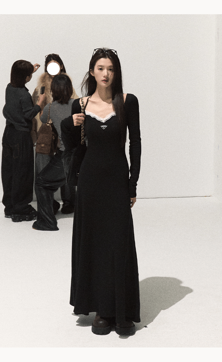 OAKMOO Black Two-piece Long Sleeve Faux Lace Halter Neck Waist Tie Dress, Autumn/Winter Long Dress with Waist Tie