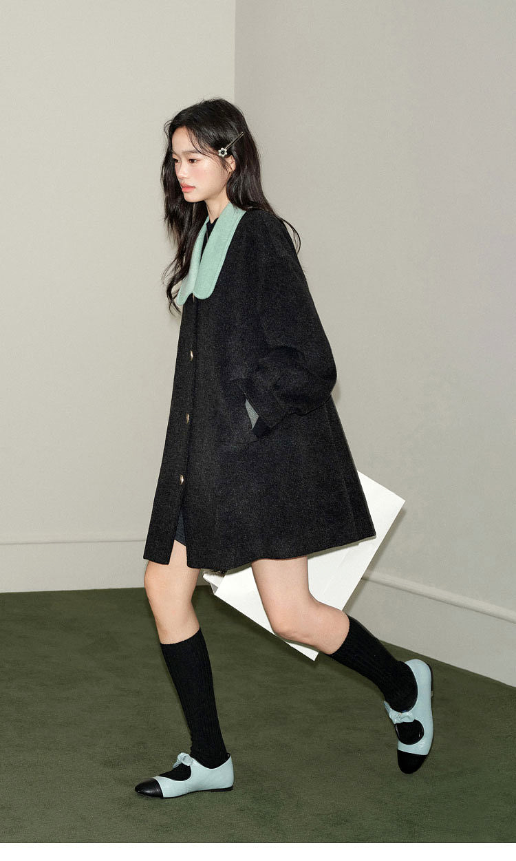 KOUSE Women's 2025 New Autumn Winter Classic Medium-Long Woolen Coat Black and Gray