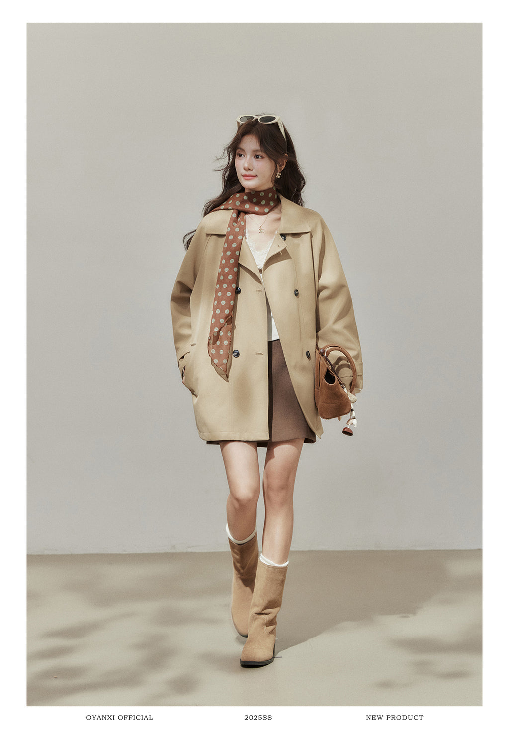 Oyanxi Women's Autumn "Freeze Paris" Khaki Raglan Long Sleeve Jacket, Short, Medium Length
