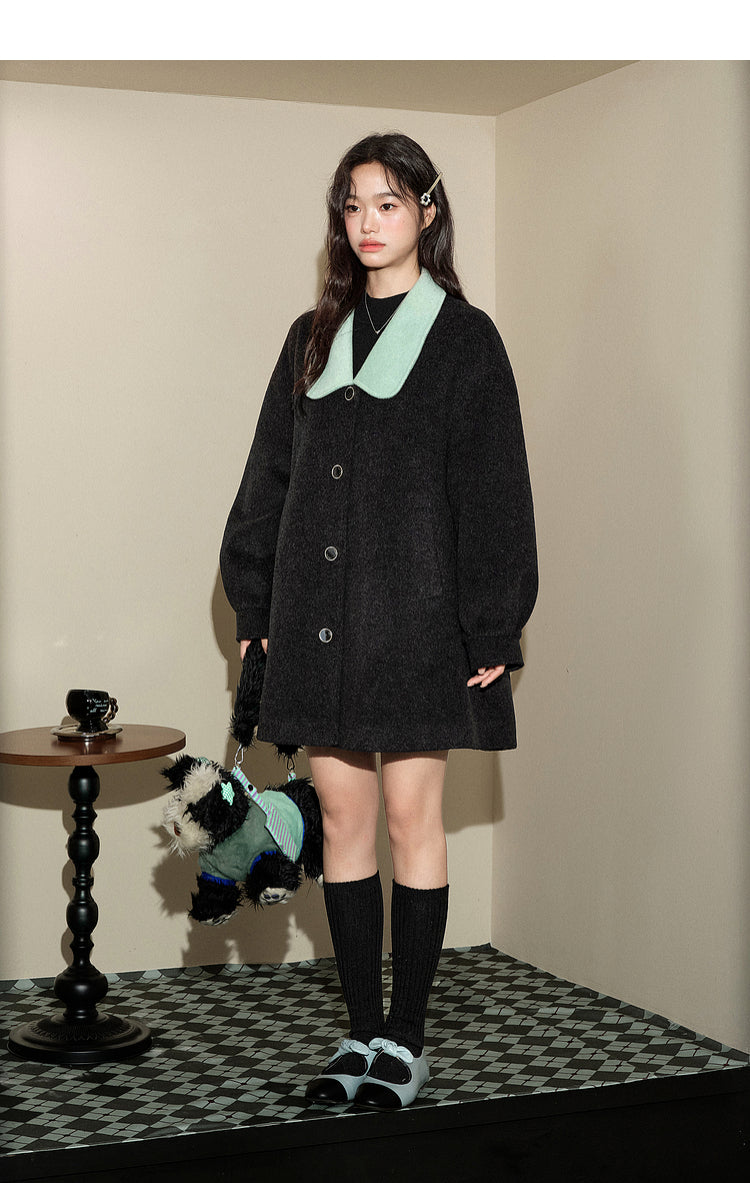 KOUSE Women's 2025 New Autumn Winter Classic Medium-Long Woolen Coat Black and Gray