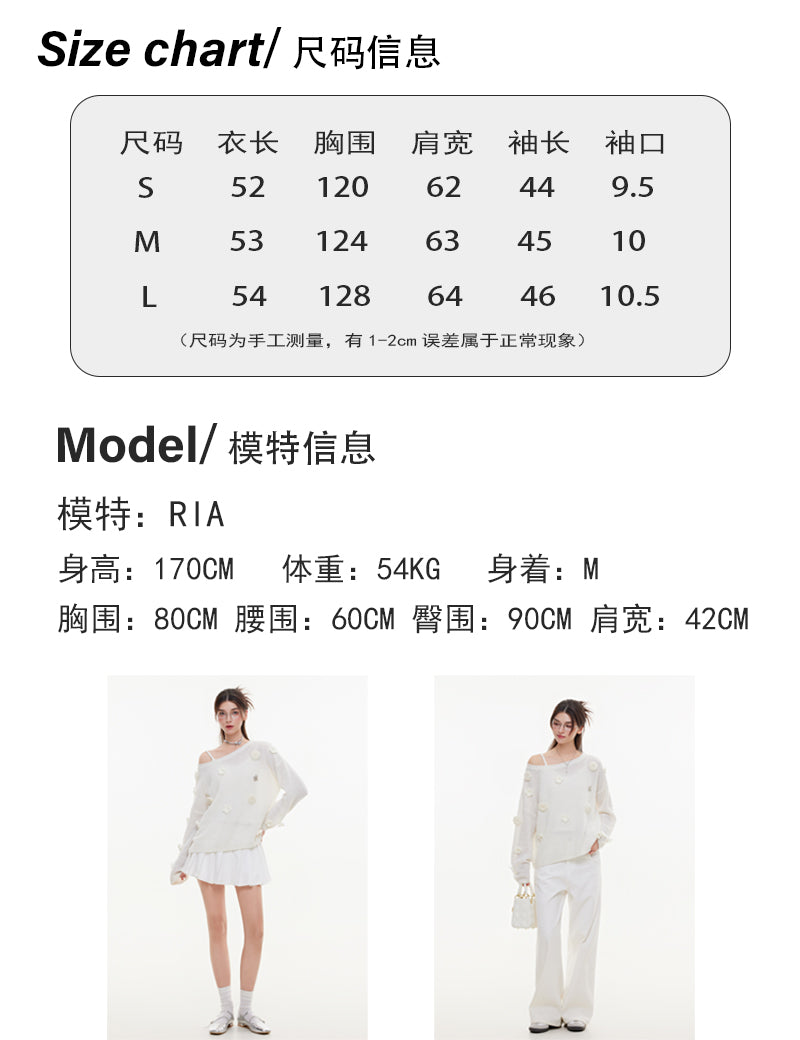 IKYOU women's spring and autumn new flower mohair sweater long sleeve loose fit off-shoulder sweater