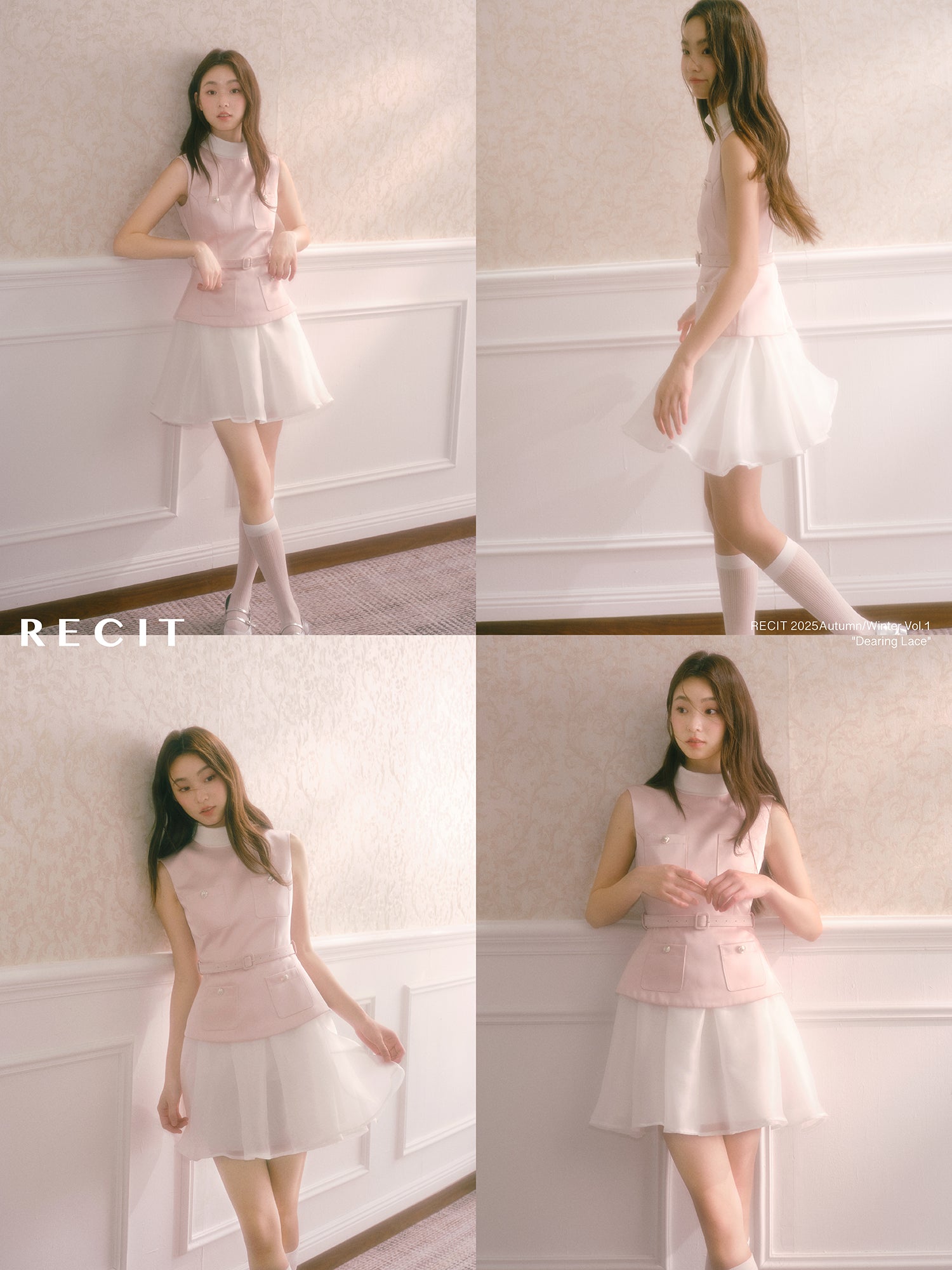 Pink satin dress with faux pearl mini turtleneck two-piece with puffy skirt and belt Recit