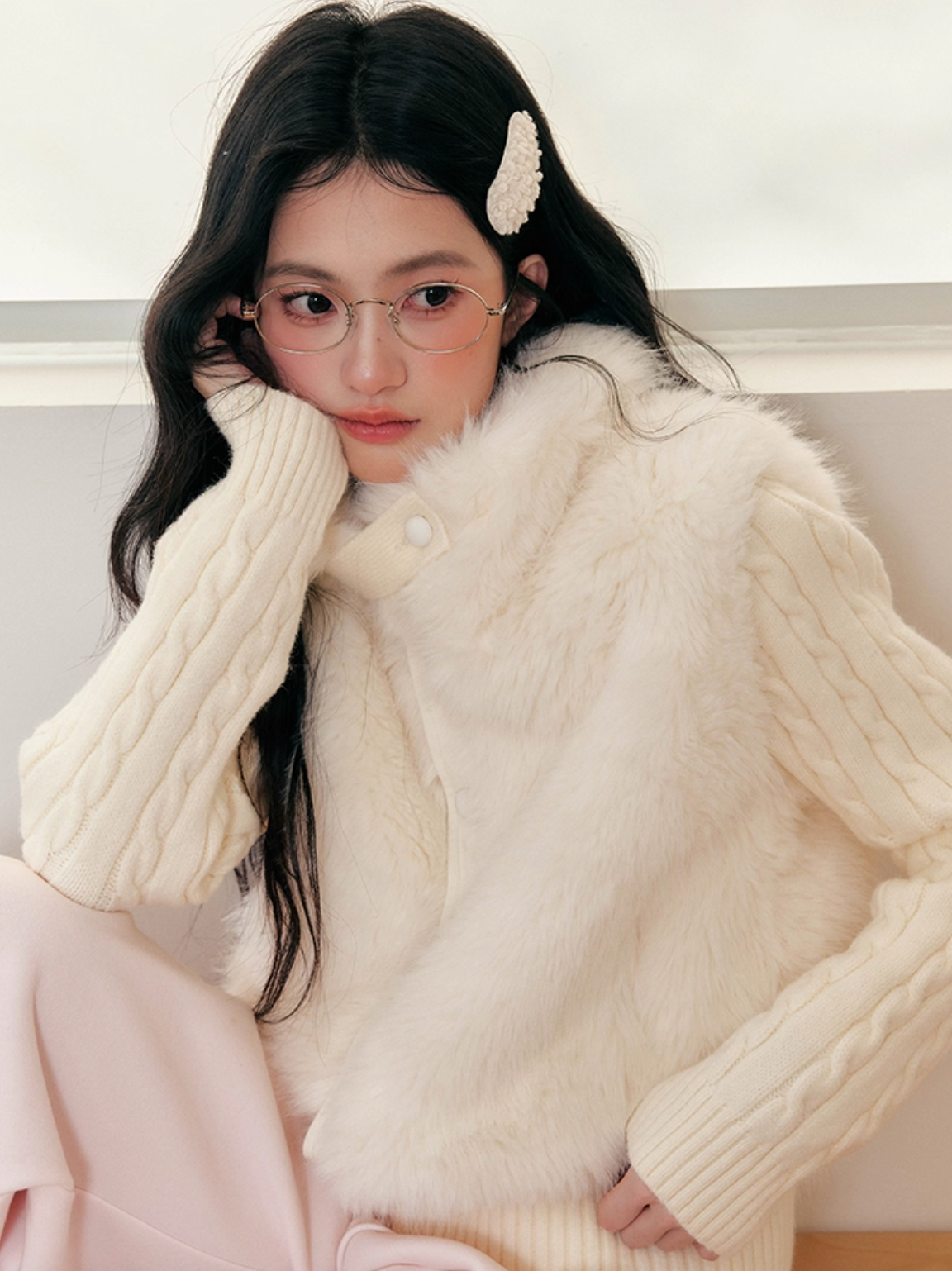 UMOUMO Korean style umoumo patchwork knitted faux mink cotton short coat slimming original design
