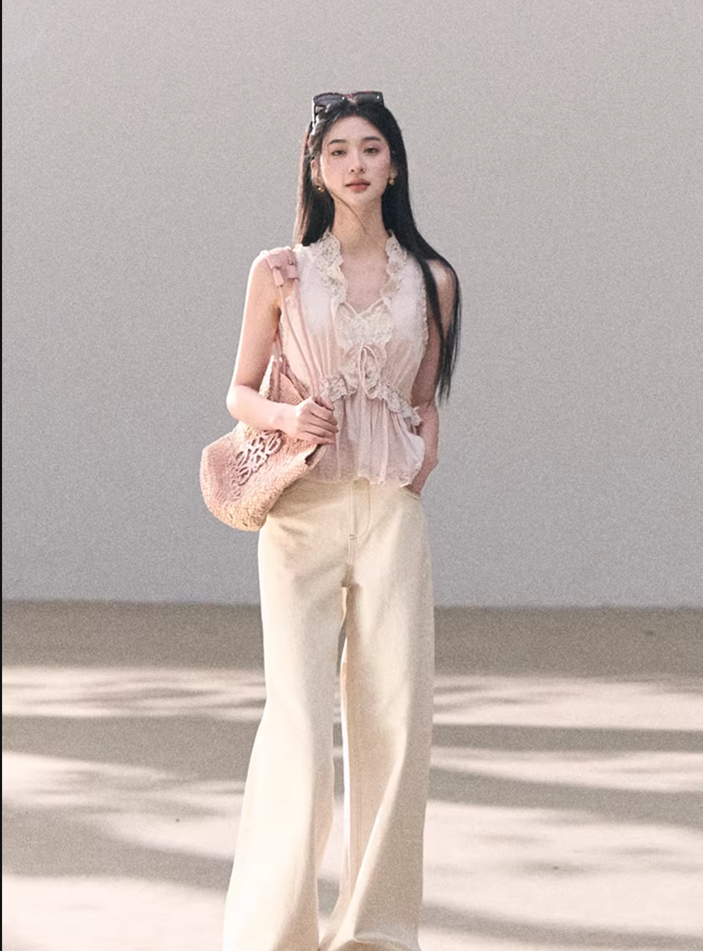 OAKMOO Turtleneck tank top in thick lace lyocell linen.
