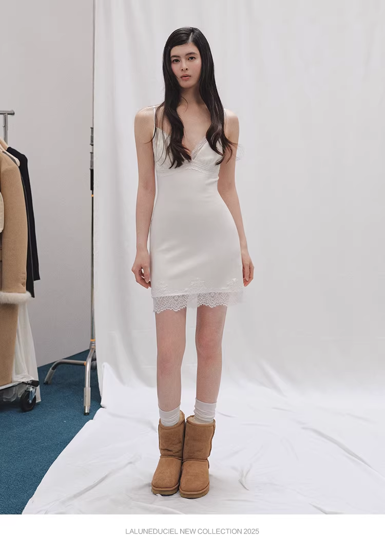 LaluneDuCiel Sexy French V-neck slip dress for women, lace trim, perfect for layering in winter, short, tight fit.